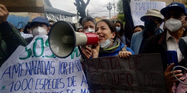 Activistas y cívicos apoleños se manifiestan en puertas del Sernap y la AJAM