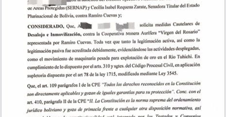 Juez ordena paralización de actividad minera aurífera en el río Tuichi